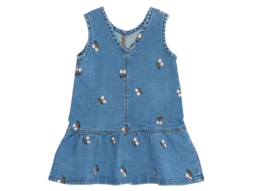 Lys blå denim kjole med lyst kirsebærbroderi fra The New Siblings TNST6242 Light blue denim EMB